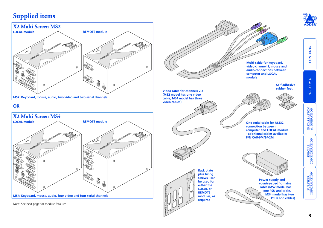 Adder Technology manual Supplied items, X2 Multi Screen MS2, X2 Multi Screen MS4 