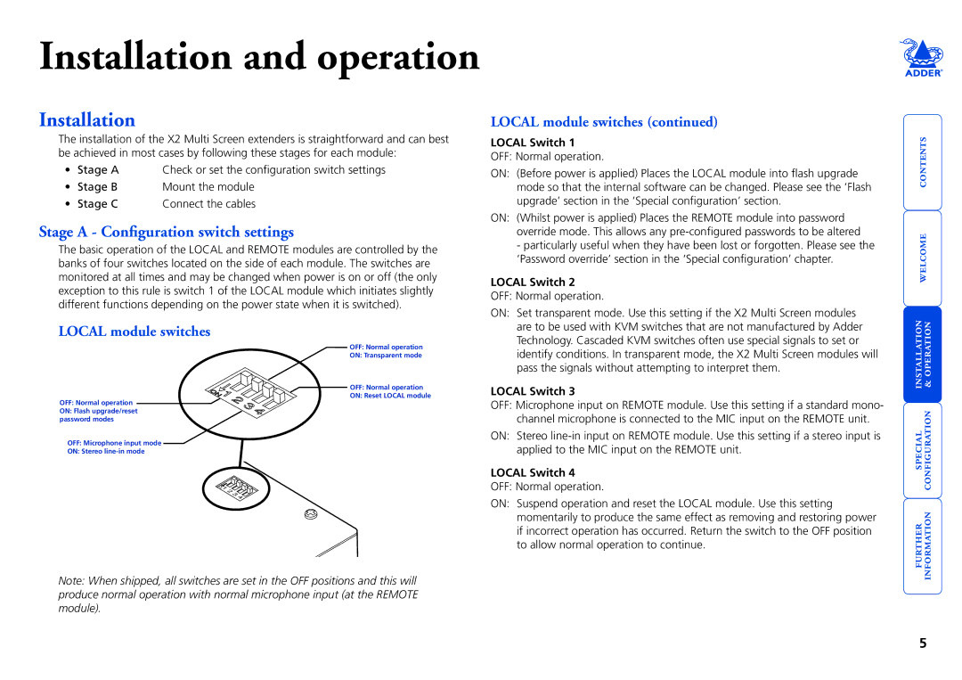 Adder Technology X2 manual Installation, Stage a Configuration switch settings, Local module switches, Local Switch 