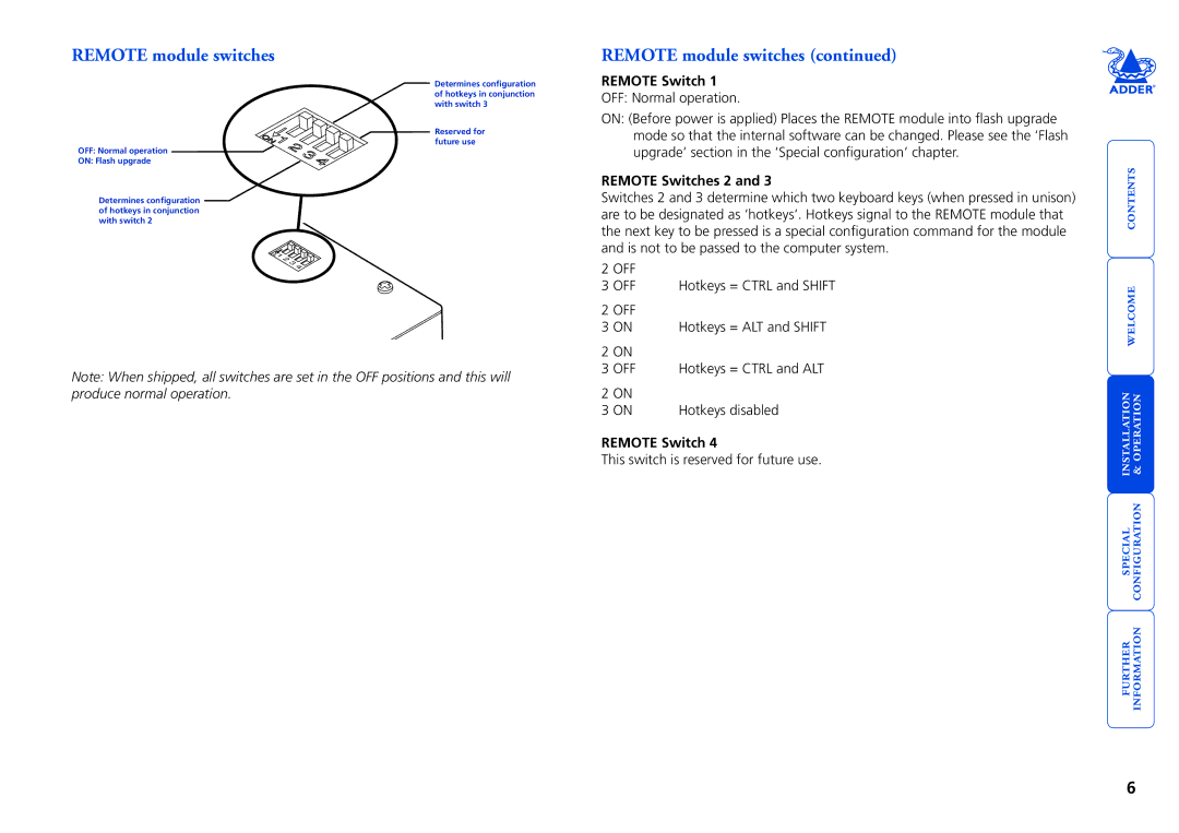 Adder Technology X2 manual Remote module switches, Remote Switches 2 