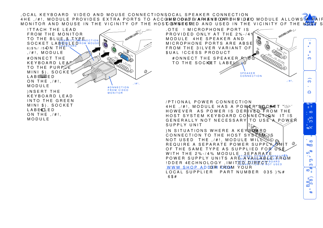 Adder Technology X2 manual Local keyboard, video and mouse connections, Local speaker connection, Optional power connection 