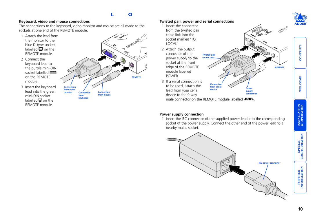 Adder Technology X2 manual Connections at the Remote module, Keyboard, video and mouse connections, Power supply connection 