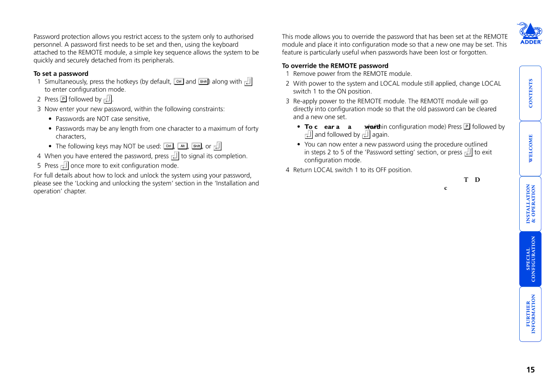 Adder Technology X2 manual Password setting, Password override, To set a password, To override the Remote password 