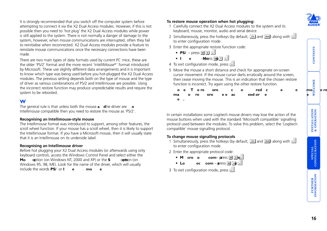 Adder Technology X2 manual Hot plugging and mouse restoration, Microsoft and Logitech -specific mouse settings 