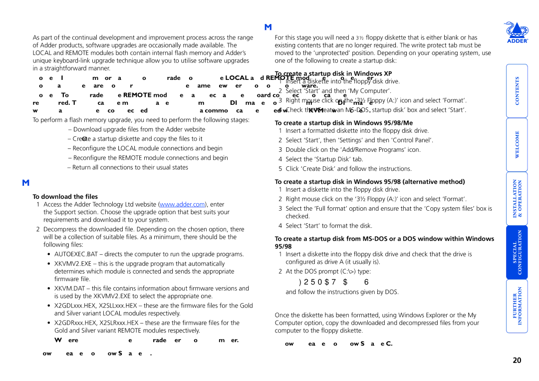 Adder Technology X2 manual Flash upgrade, Stage a Download the upgrade files, Stage B Create a startup diskette 