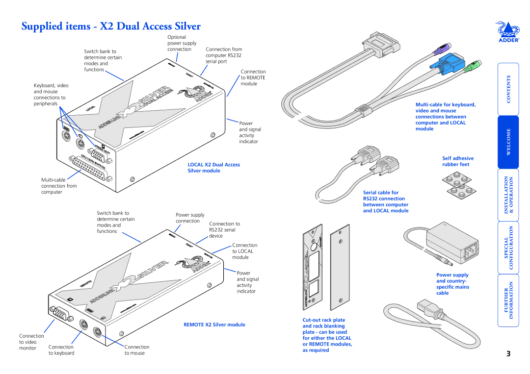 Adder Technology manual Supplied items X2 Dual Access Silver, Switch bank to determine certain modes and functions 