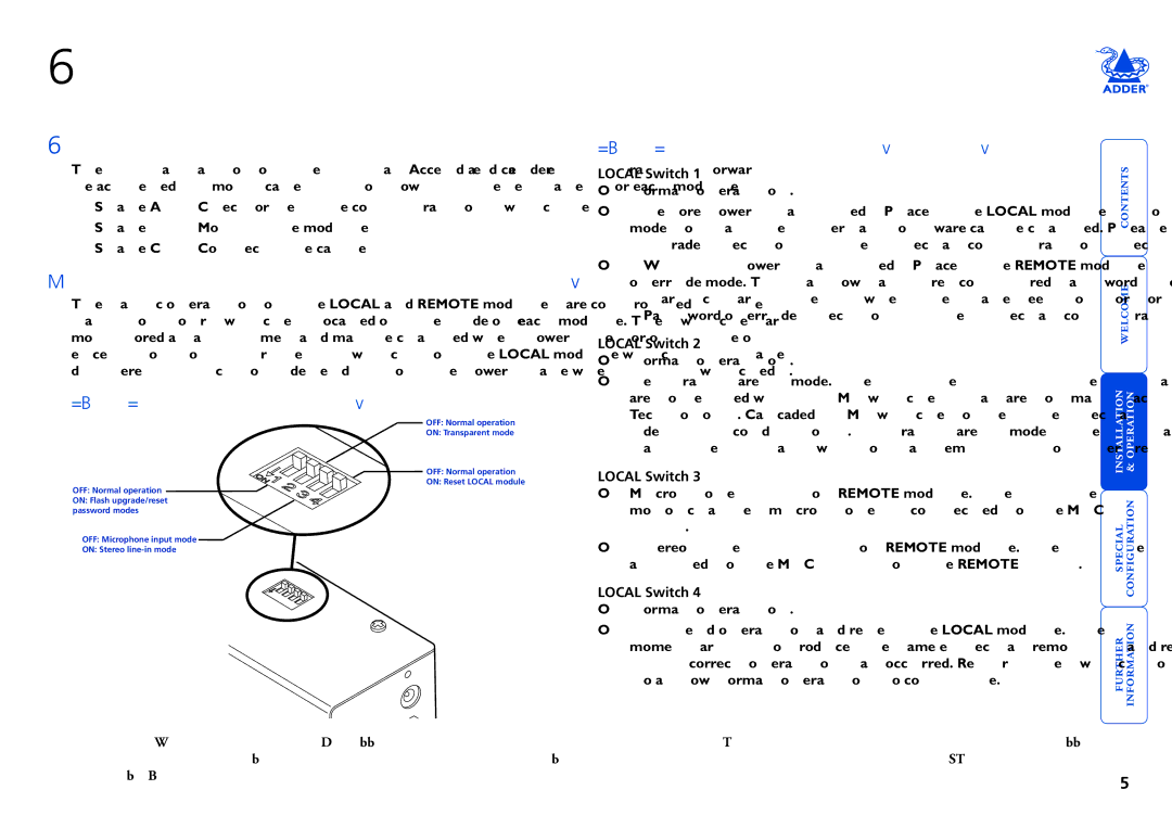 Adder Technology X2 manual Installation, Stage a Configuration switch settings, Local module switches, Local Switch 