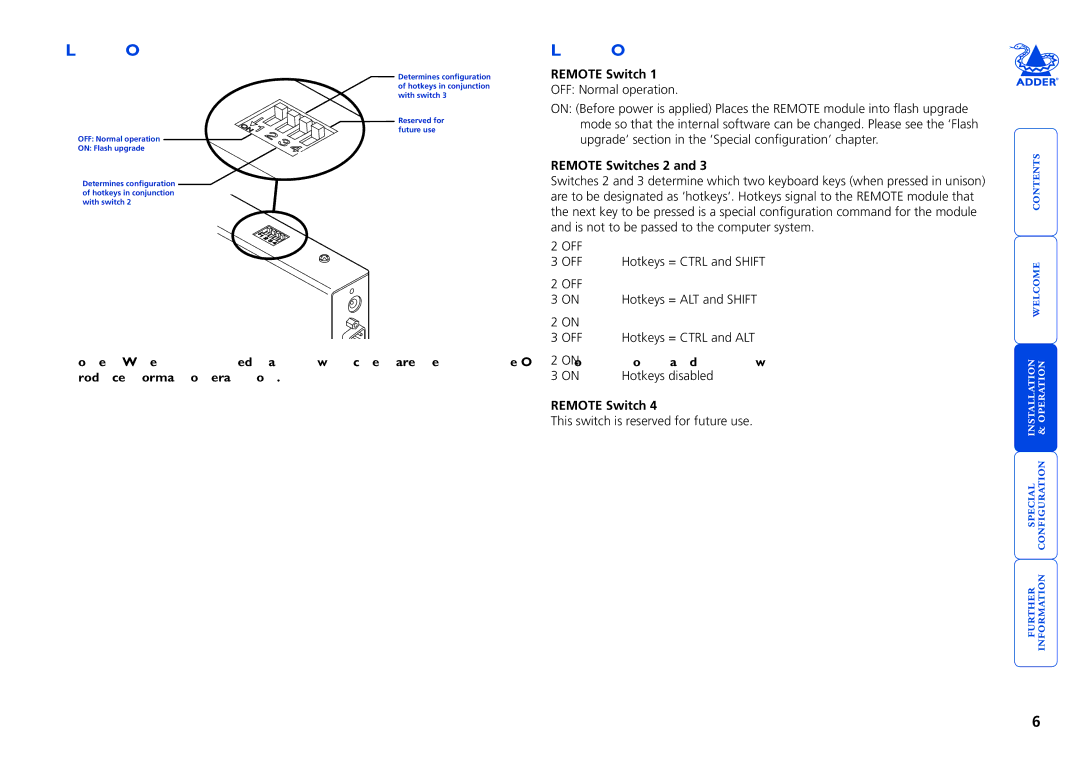 Adder Technology X2 manual Remote module switches, Remote Switches 2 