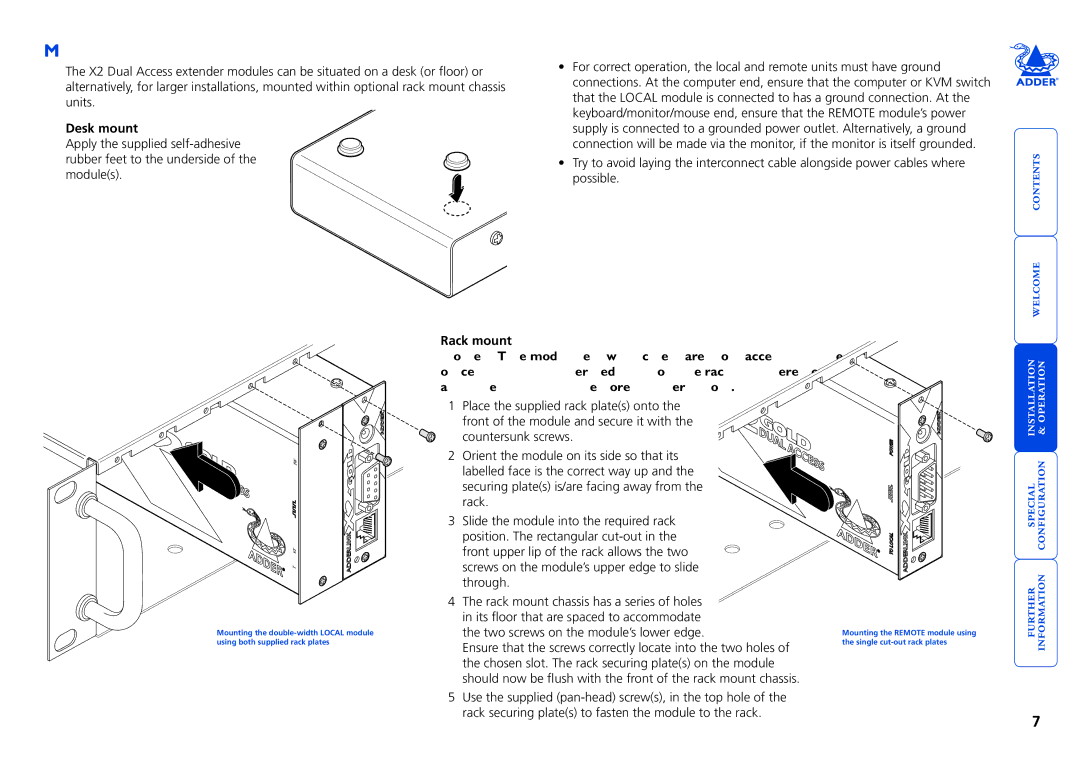 Adder Technology X2 manual Stage B Mounting a module desk or rack, Installation Advice, Desk mount, Rack mount 