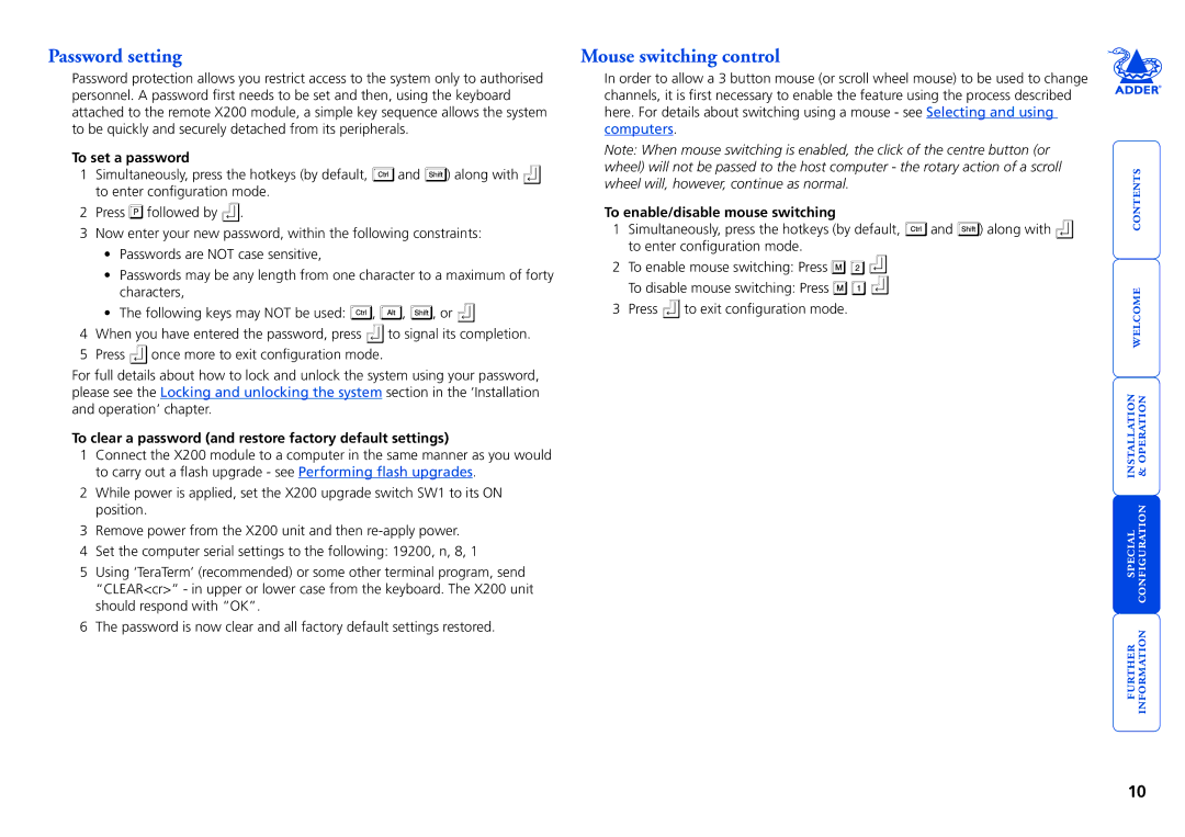 Adder Technology X200 Password setting, Mouse switching control, To set a password, To enable/disable mouse switching 