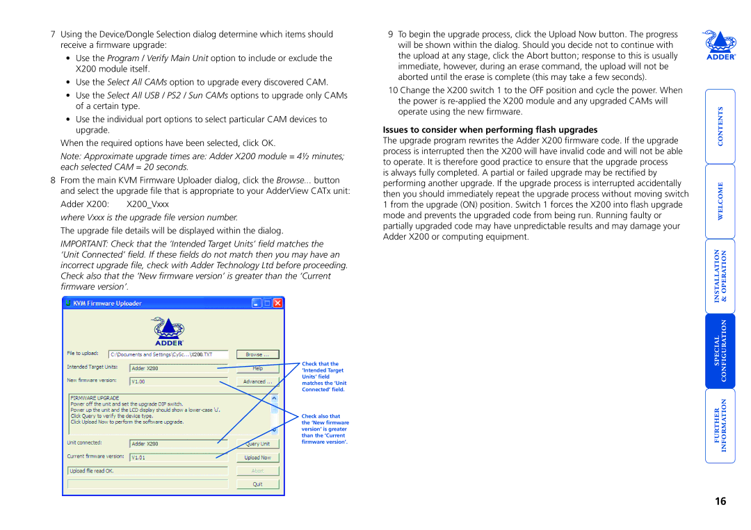 Adder Technology X200 Where Vxxx is the upgrade file version number, Issues to consider when performing flash upgrades 