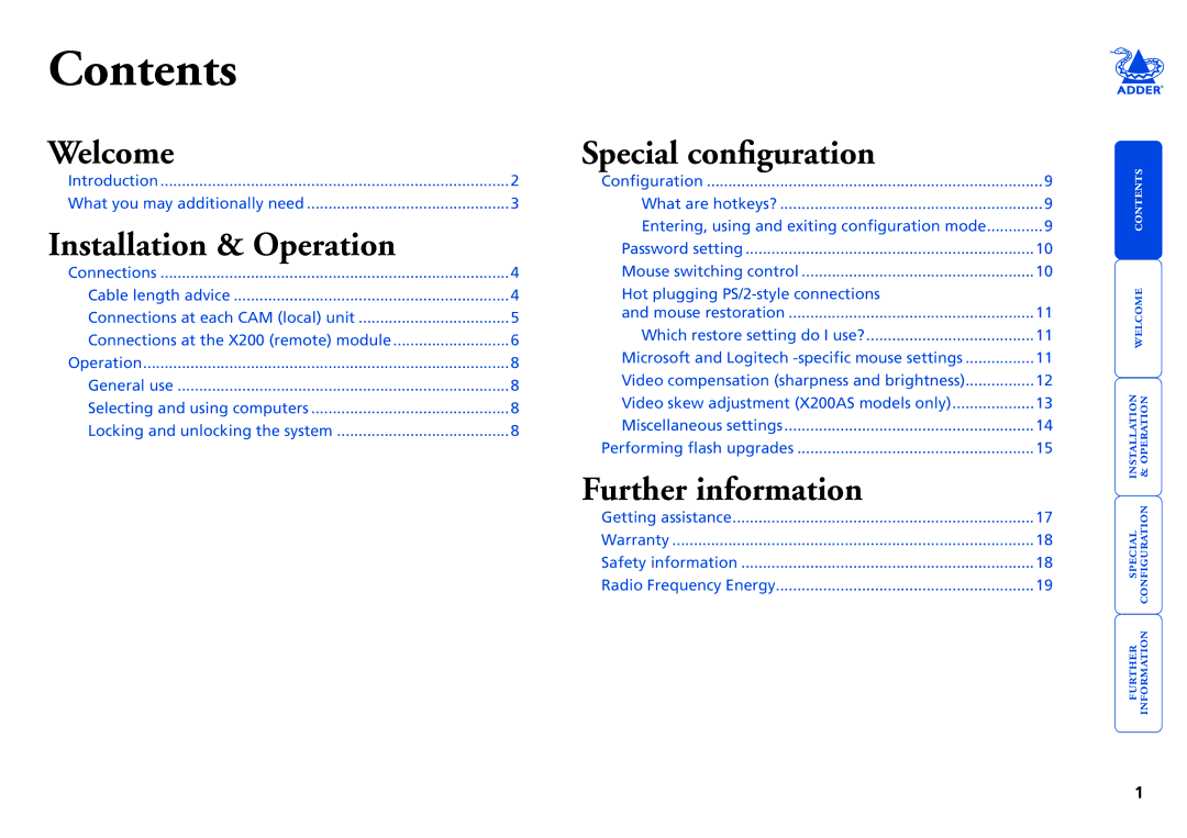 Adder Technology X200 manual Contents 