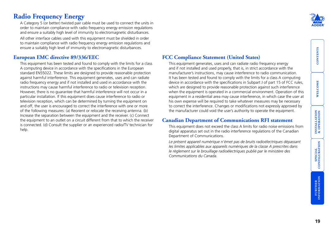 Adder Technology X200 Radio Frequency Energy, European EMC directive 89/336/EEC, FCC Compliance Statement United States 