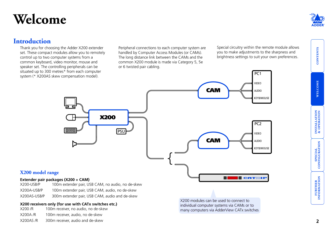 Adder Technology manual Introduction, X200 model range, Extender pair packages X200 + CAM 