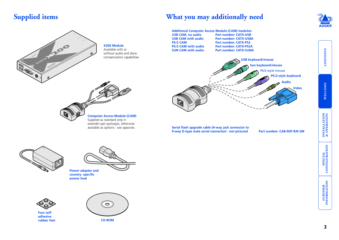 Adder Technology X200 manual Supplied items, What you may additionally need 