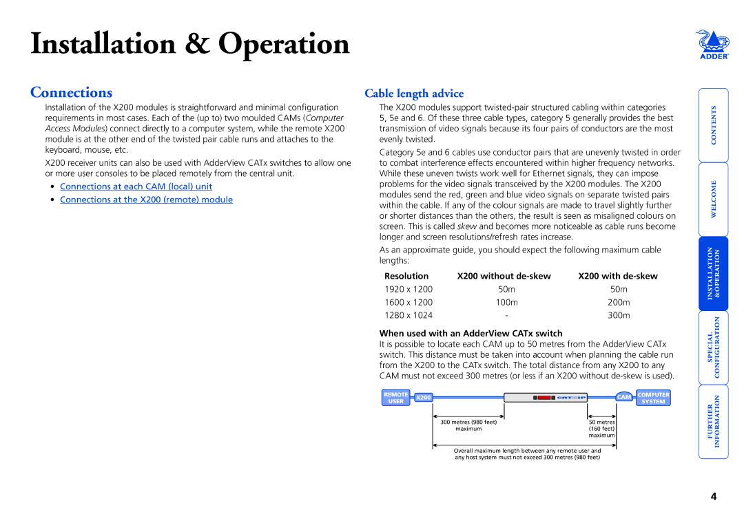 Adder Technology manual Connections, Cable length advice, Resolution X200 without de-skew X200 with de-skew 