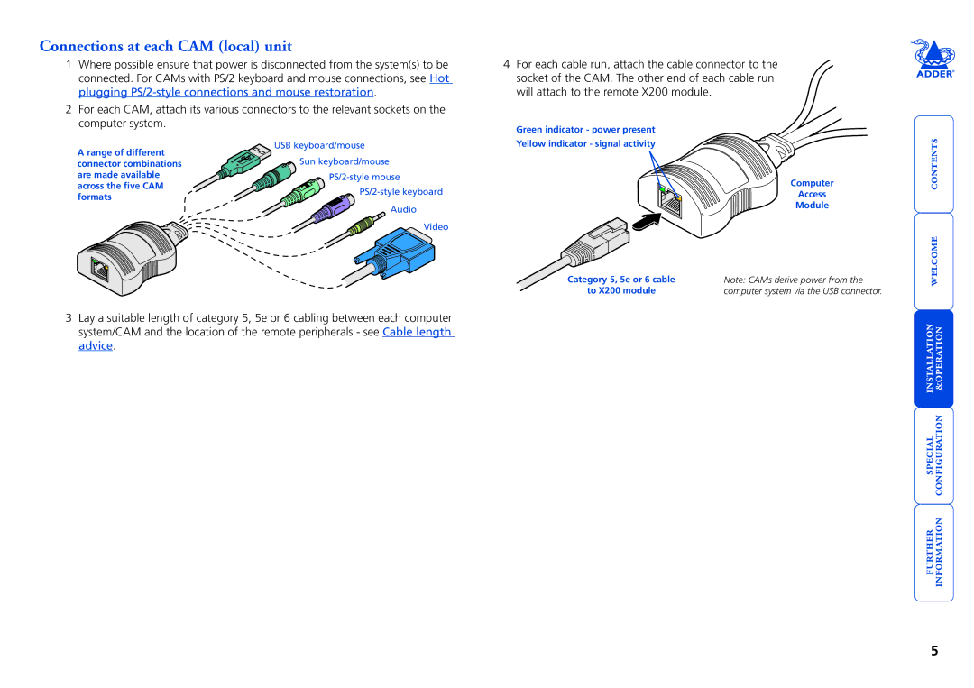 Adder Technology X200 manual Connections at each CAM local unit 