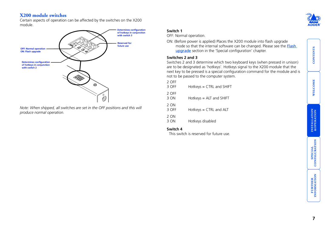 Adder Technology manual X200 module switches, Switches 2 