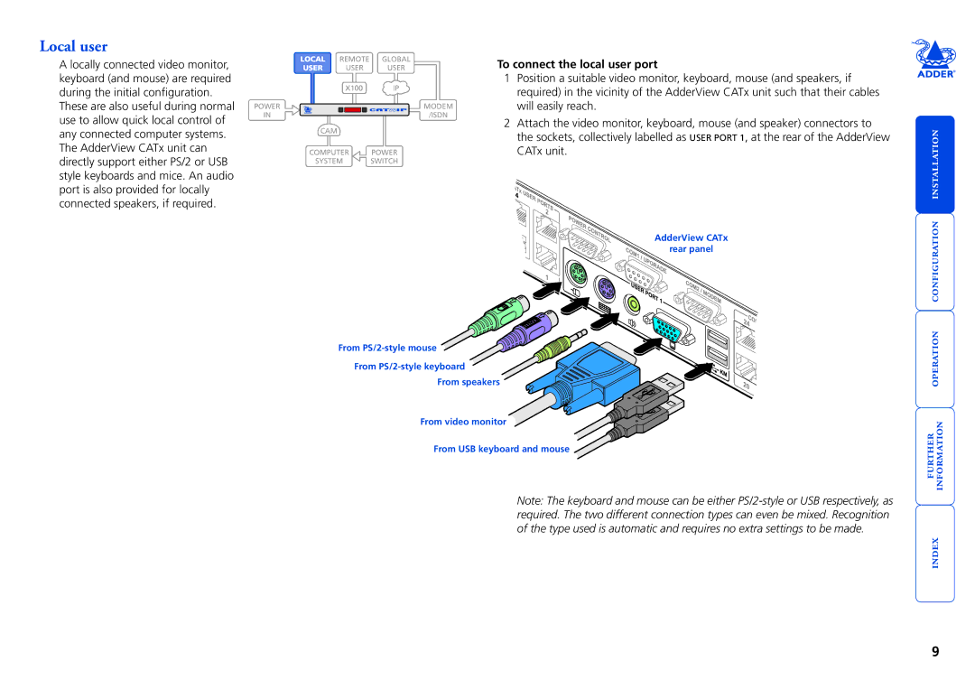 Adder Technology PSU-IEC-5V6A, X200AS/R, X200A/R, X100R, RS232, X100A/R, CATX-PS2A Local user, To connect the local user port 