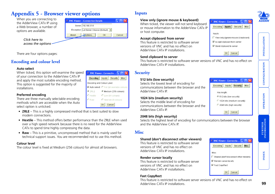 Adder Technology X100AS/R, X200AS/R, X200A/R, X100R Appendix 5 Browser viewer options, Encoding and colour level, Security 