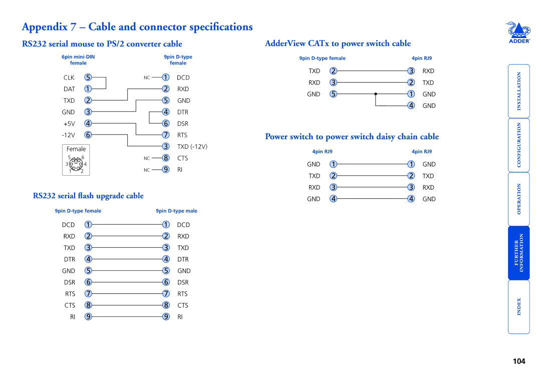 Adder Technology RS232 manual Appendix 7 Cable and connector specifications, Power switch to power switch daisy chain cable 