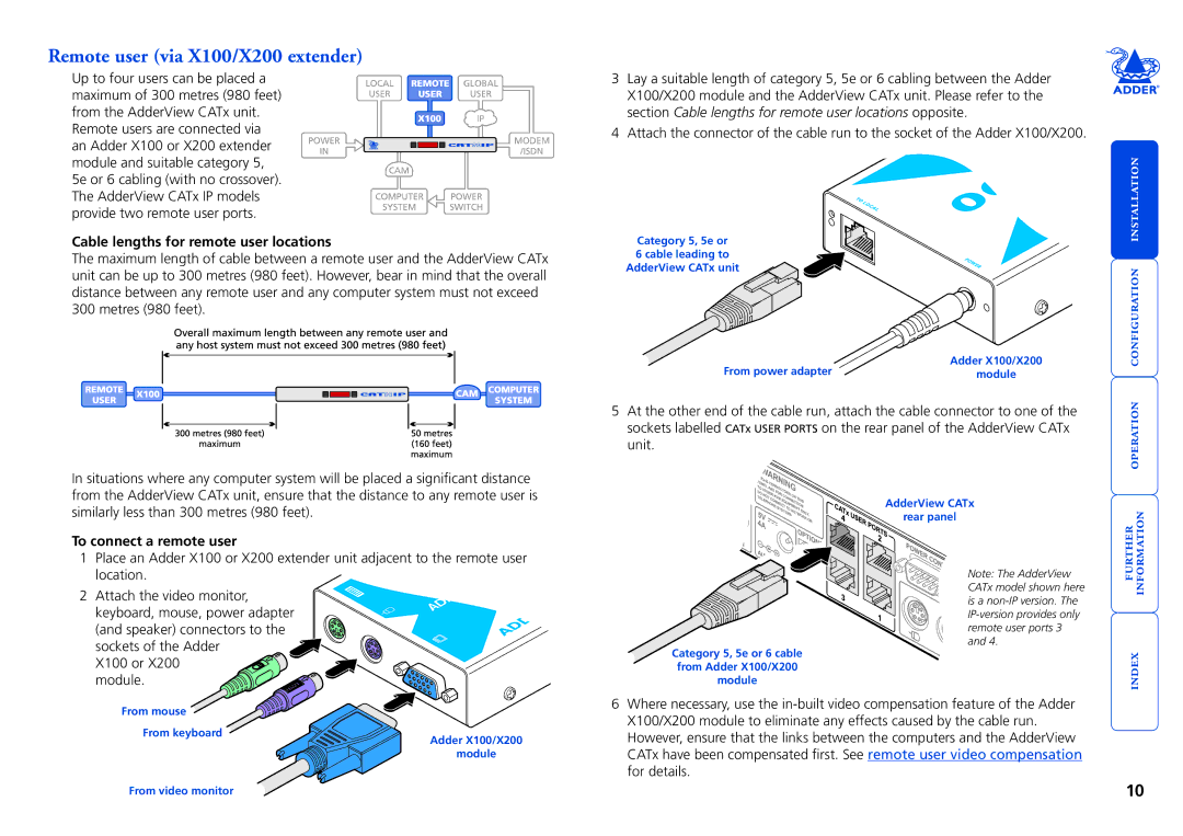 Adder Technology CATX-SUNA, X200AS/R, X200A/R Remote user via X100/X200 extender, Cable lengths for remote user locations 