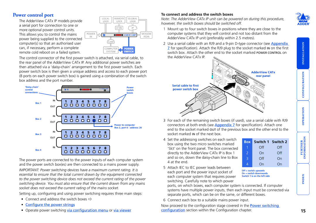 Adder Technology CATX-USBA, X200AS/R, X200A/R, X100R, RS232, X200R Power control port, To connect and address the switch boxes 