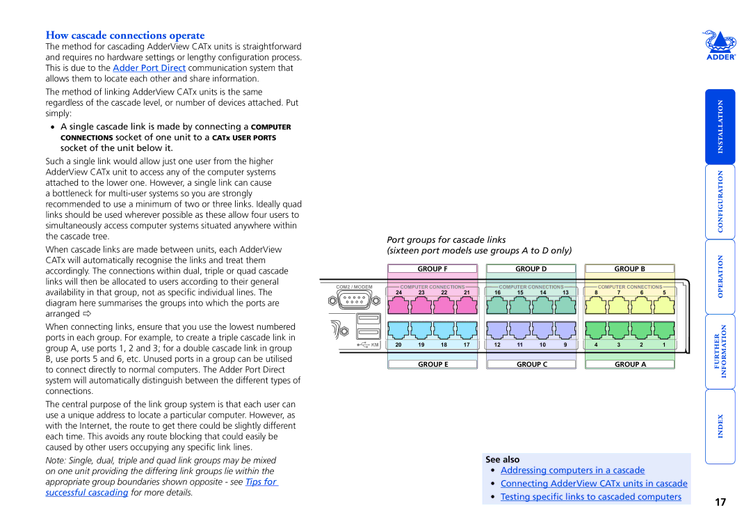 Adder Technology X200A/R, X200AS/R, X100R, RS232, X100A/R, CATX-PS2A, X200R, AVX4016IP, EPS-M8 How cascade connections operate 