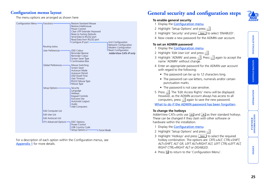 Adder Technology AVX4016IP General security and configuration steps, Configuration menus layout, To set an Admin password 