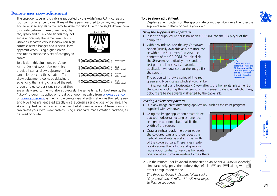 Adder Technology X100AS/R, X200AS/R Remote user skew adjustment, To use skew adjustment, Using the supplied skew pattern 