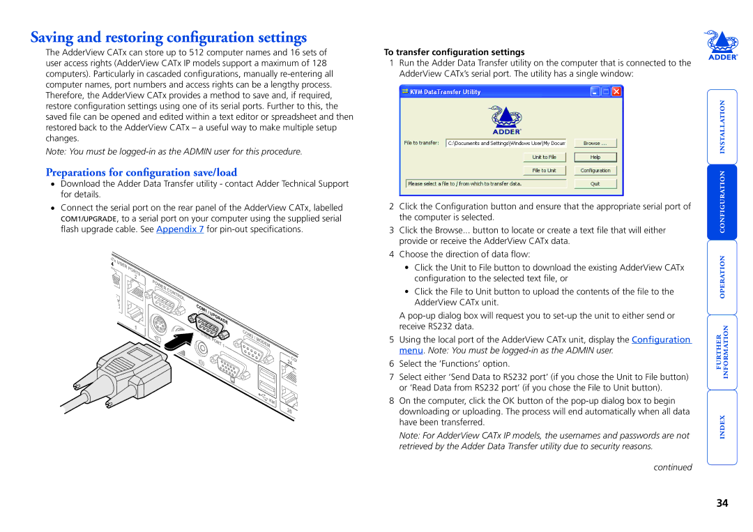 Adder Technology X200A/R, X200AS/R Saving and restoring configuration settings, Preparations for configuration save/load 