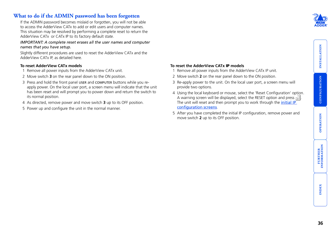 Adder Technology RS232, X200AS/R, X100R What to do if the Admin password has been forgotten, To reset AdderView CATx models 