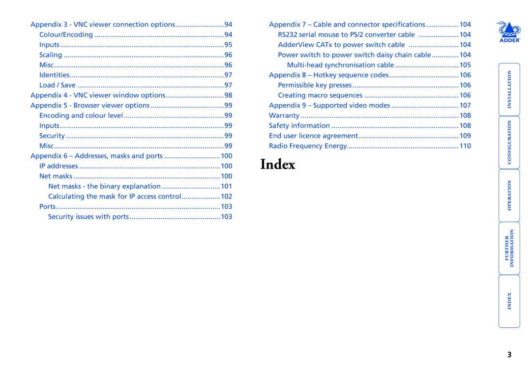 Adder Technology X100A/R, X200AS/R, X200A/R, X100R, RS232, CATX-PS2A, X200R, AVX4016IP, PSU-IEC-5V6A, CATX-SUNA, EPS-M8 Index 