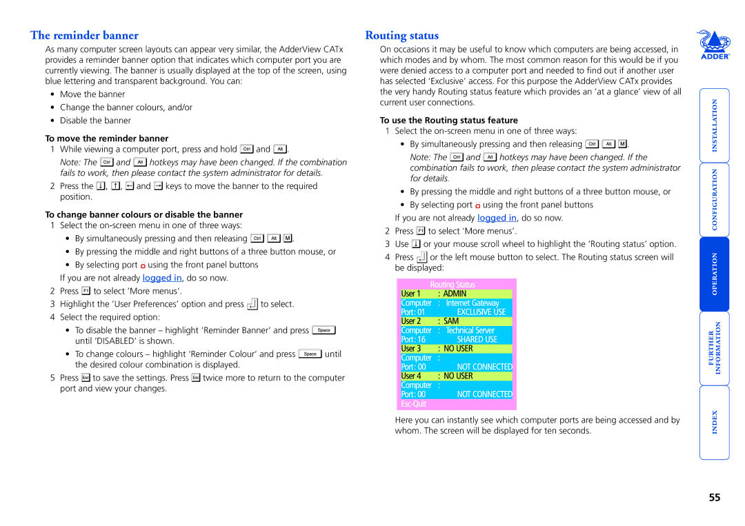 Adder Technology CATX-PS2A, X200AS/R Reminder banner, To move the reminder banner, To use the Routing status feature 