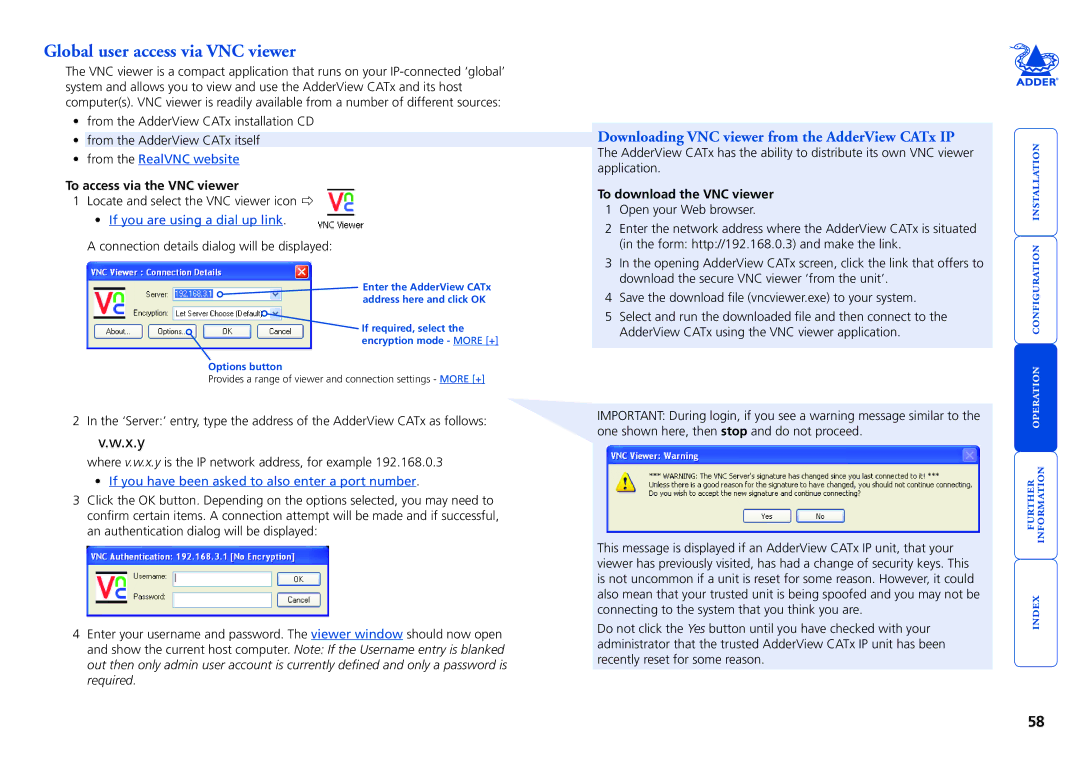 Adder Technology X200R, X100R Global user access via VNC viewer, To access via the VNC viewer, To download the VNC viewer 