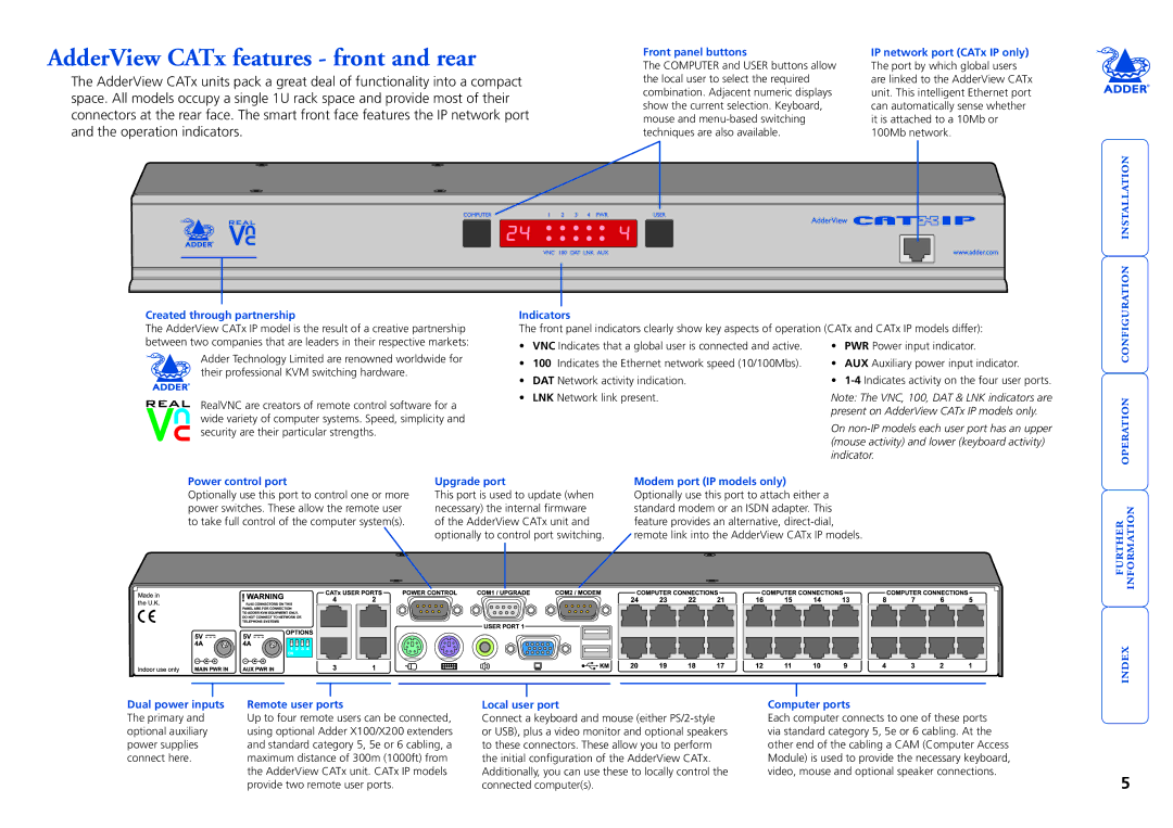 Adder Technology CATX-PS2, X200AS/R, X200A/R, X100R, RS232, X200R AdderView CATx features front and rear, Front panel buttons 