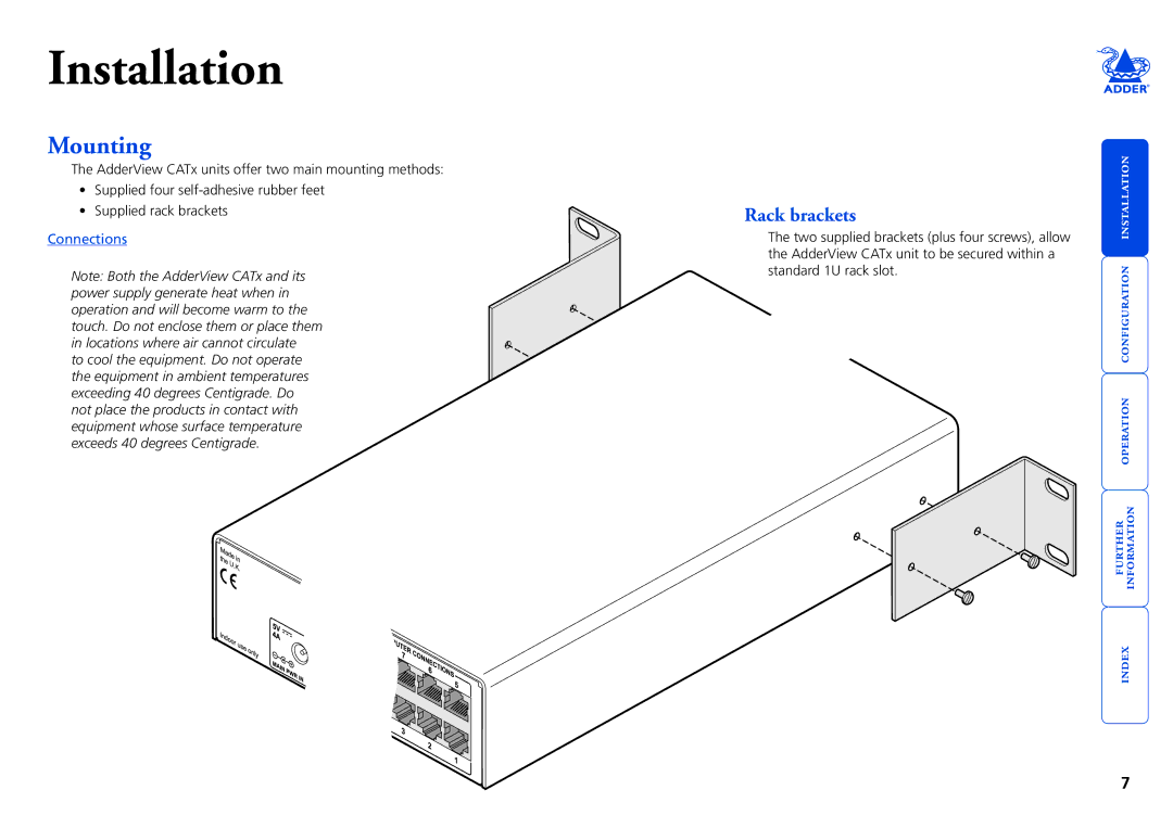 Adder Technology X200R, X200AS/R, X200A/R, X100R, RS232, X100A/R, CATX-PS2A, AVX4016, EPS-M8 Mounting, Rack brackets, Connections 