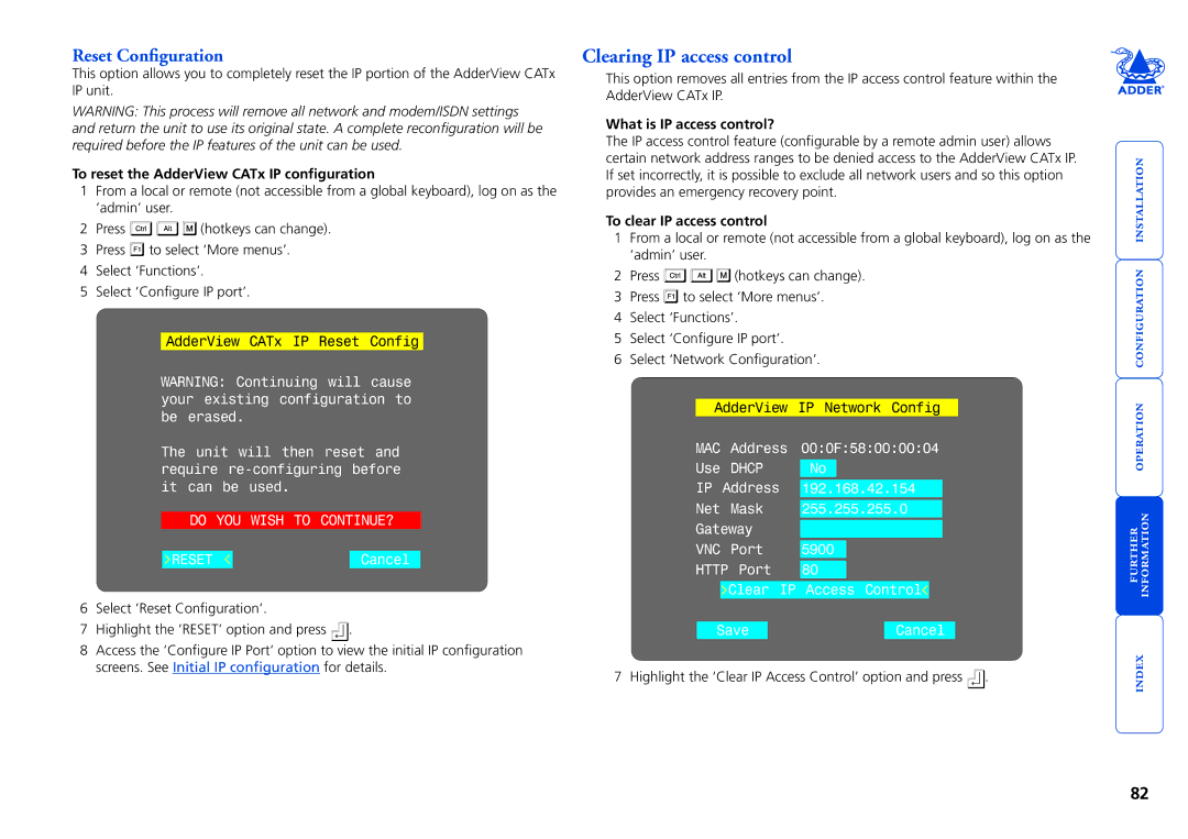 Adder Technology X100AS/R Clearing IP access control, Reset Configuration, To reset the AdderView CATx IP configuration 