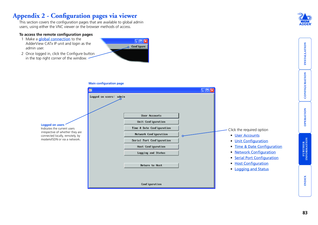 Adder Technology CATX-USBA, X200AS/R Appendix 2 Configuration pages via viewer, To access the remote configuration pages 