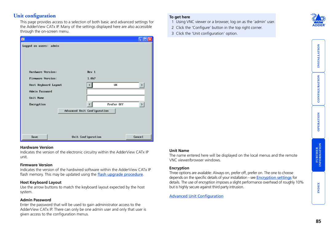 Adder Technology X200A/R Unit configuration, Hardware Version, Firmware Version, Host Keyboard Layout, Admin Password 