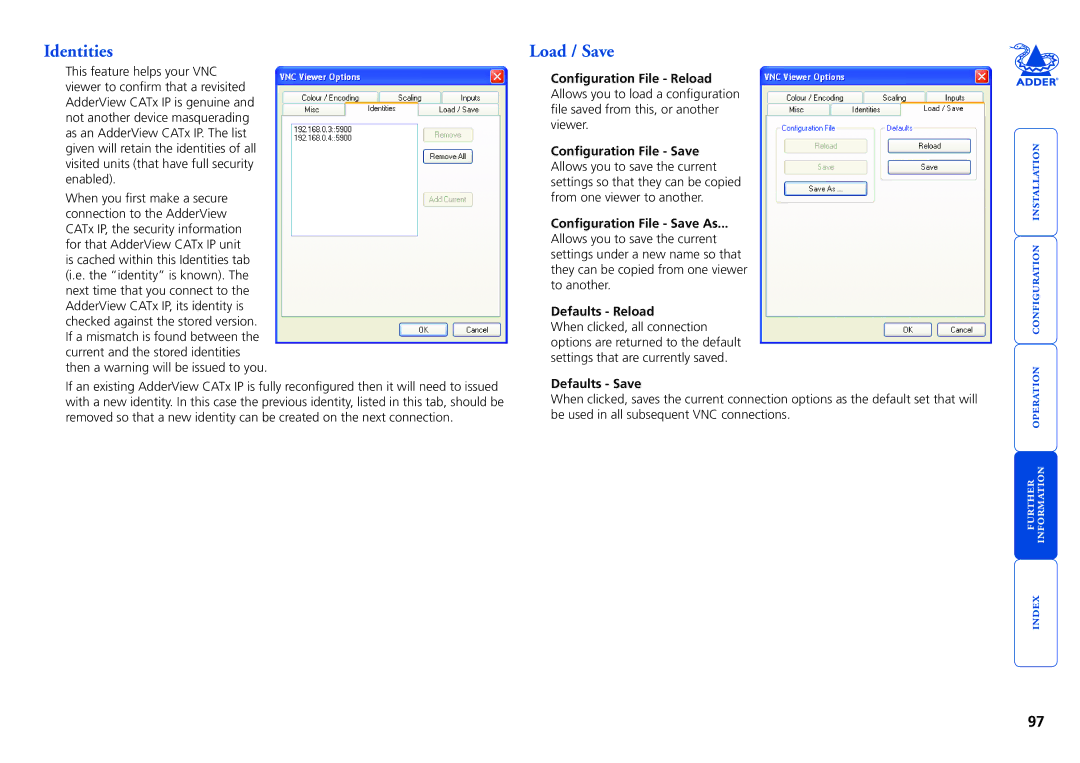 Adder Technology CATX-USB, X200AS/R, X200A/R, X100R, RS232, X100A/R Identities, Load / Save, Defaults Reload, Defaults Save 