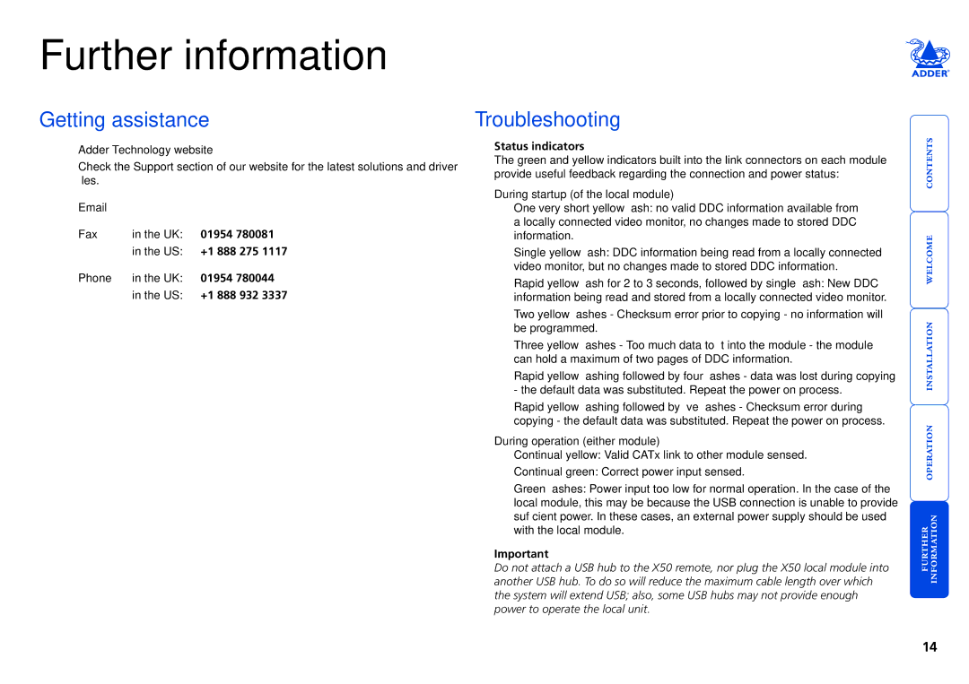 Adder Technology X50 manual Further information, Getting assistance, Troubleshooting 