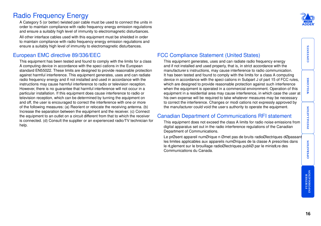 Adder Technology X50 Radio Frequency Energy, European EMC directive 89/336/EEC, FCC Compliance Statement United States 