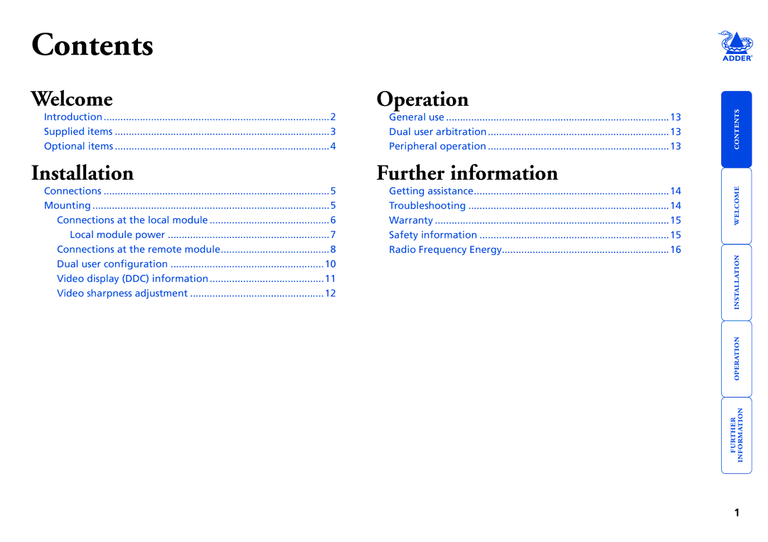 Adder Technology X50 manual Contents 