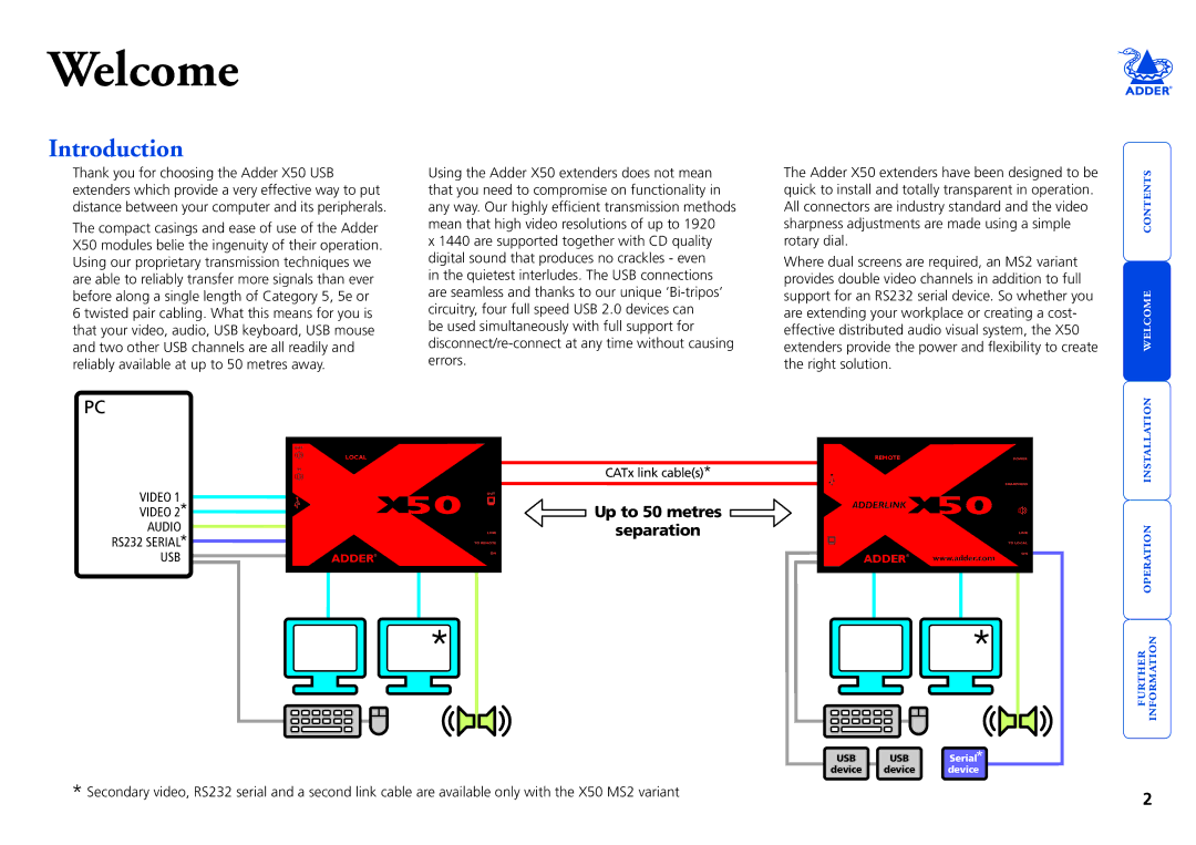 Adder Technology X50 manual Welcome, Introduction 