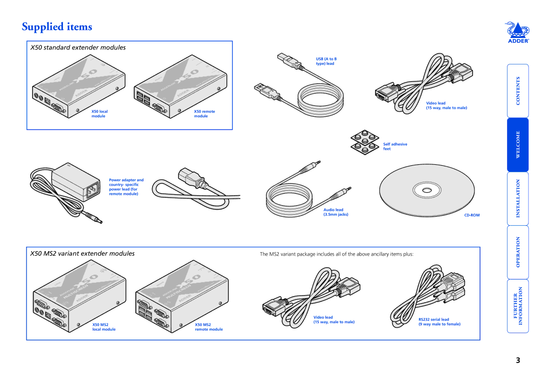 Adder Technology X50 manual Supplied items, Installation welcome contents 