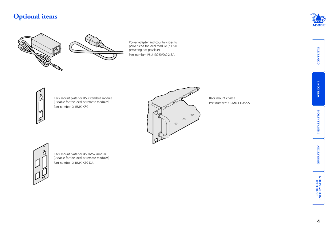 Adder Technology X50 manual Optional items 