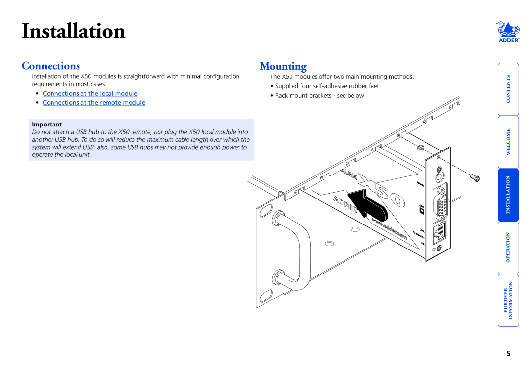 Adder Technology X50 manual Installation, Connections, Mounting 