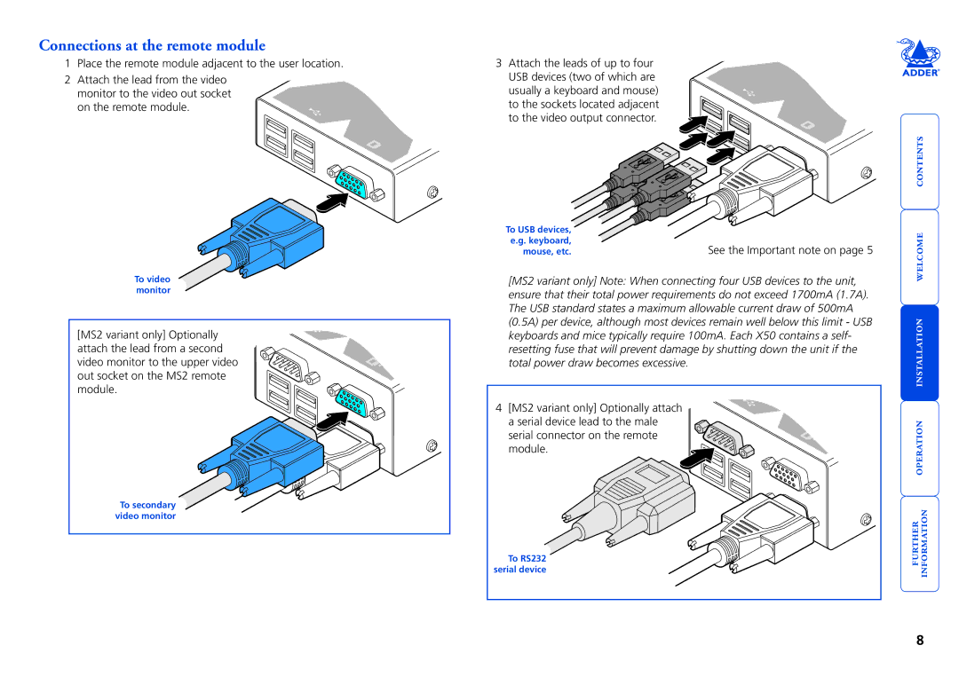 Adder Technology X50 manual Connections at the remote module, See the Important note on 