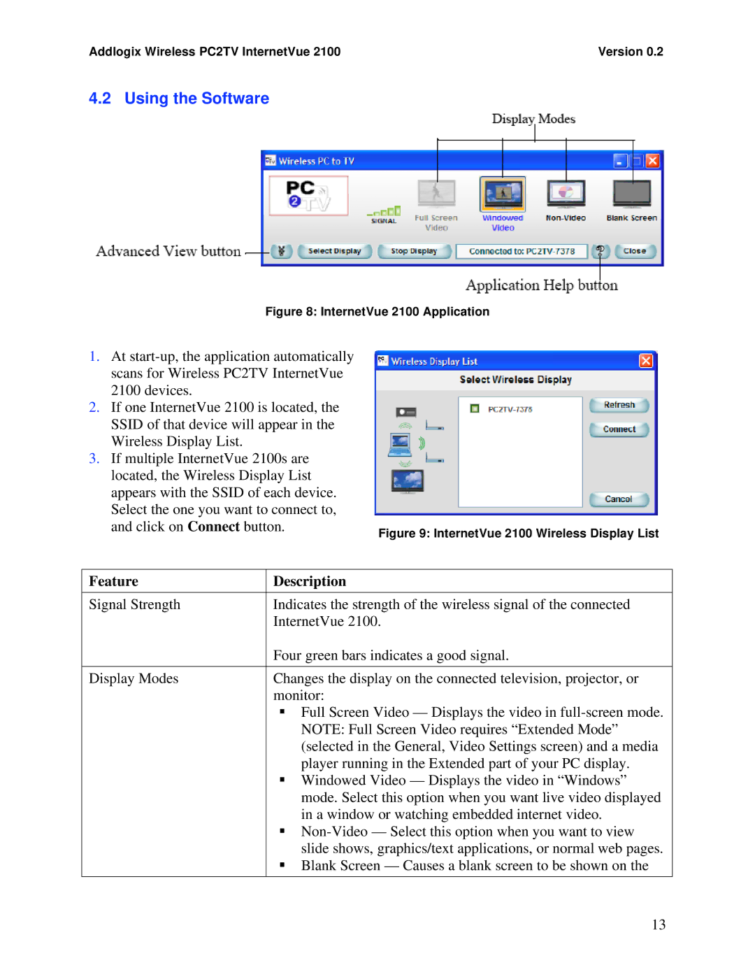 Addlogix 2100 manual Using the Software, Feature Description 