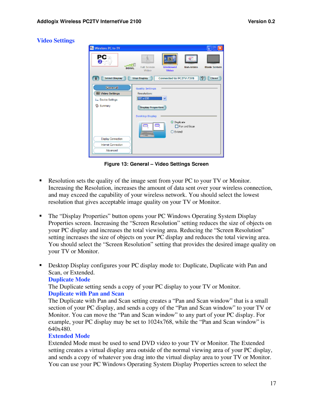 Addlogix 2100 manual Video Settings, Duplicate Mode, Duplicate with Pan and Scan, Extended Mode 